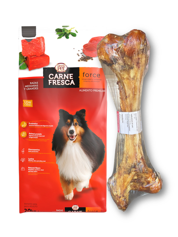 GrandPet Carne Fresca Force® Perro Adulto Raza Mediana y Grande 20 Kg + Hueso de Res XL