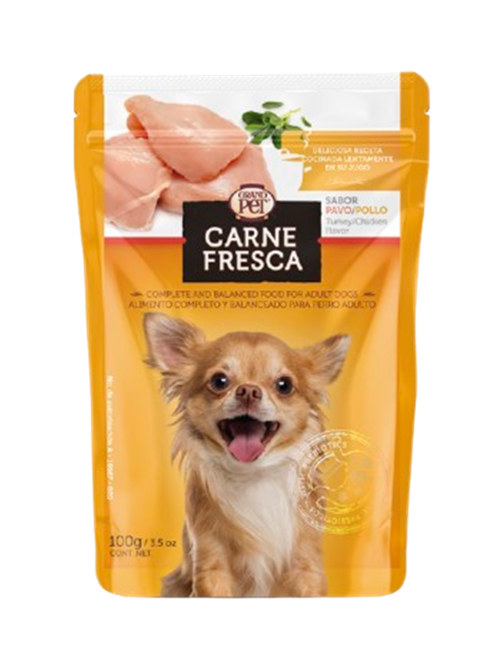GrandPET Carne Fresca® Sobre 100 Gr Alimento Húmedo Receta Pavo y Pollo