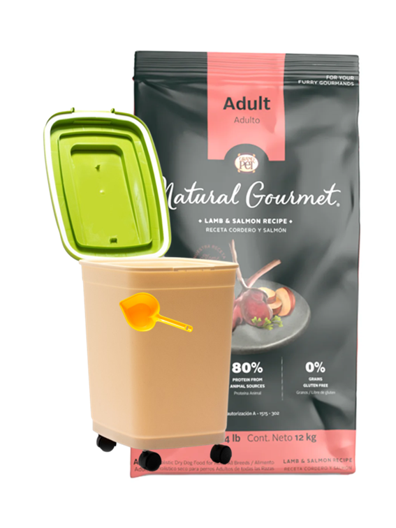 GrandPet Natural Gourmet® Piel y Pelo Saludables Alimento Perro Adulto Receta Cordero y Salmón 12 KG + Contenedor