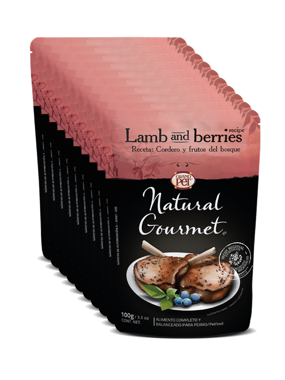 GrandPET Natural Gourmet® Sobre 100 Gr Alimento Húmedo Perro Receta Cordero y Frutos del Bosque