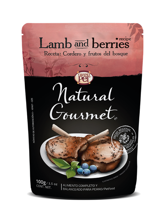 GrandPET Natural Gourmet® Sobre 100 Gr Alimento Húmedo Perro Receta Cordero y Frutos del Bosque