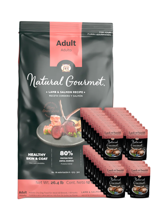GrandPet Natural Gourmet® Piel y Pelo Saludables Alimento Perro Adulto Receta Cordero y Salmón 12 Kg + 40 Sobres Cordero y Frutos del Bosque