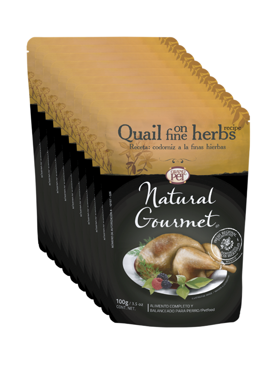 GrandPET Natural Gourmet® Sobre 100 Gr Alimento Húmedo Perro Receta Codorniz a las Finas Hierbas