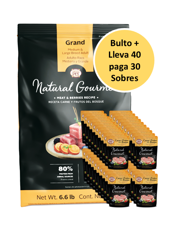 GrandPET Natural Gourmet Grand® Perro Adulto Raza Mediana y Grande 15 Kg + 40 Sobres Carne y Frutos del Bosque