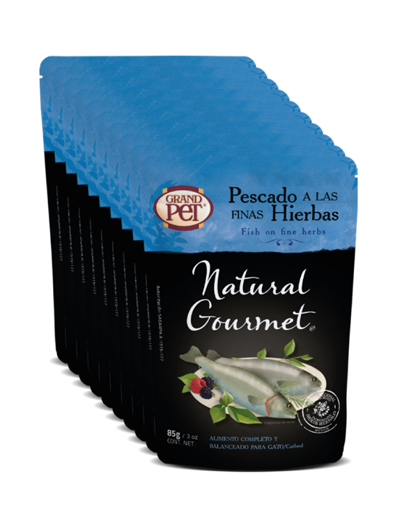 GrandPET Natural Gourmet Feline® Sobre 85 Gr Alimento Húmedo Gato Receta Pescado a las Finas Hierbas
