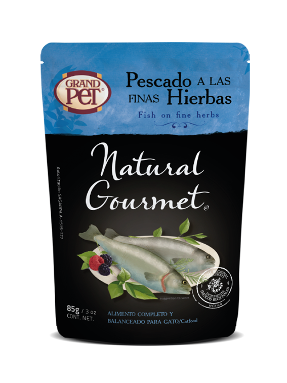 GrandPET Natural Gourmet Feline® Sobre 85 Gr Alimento Húmedo Gato Receta Pescado a las Finas Hierbas