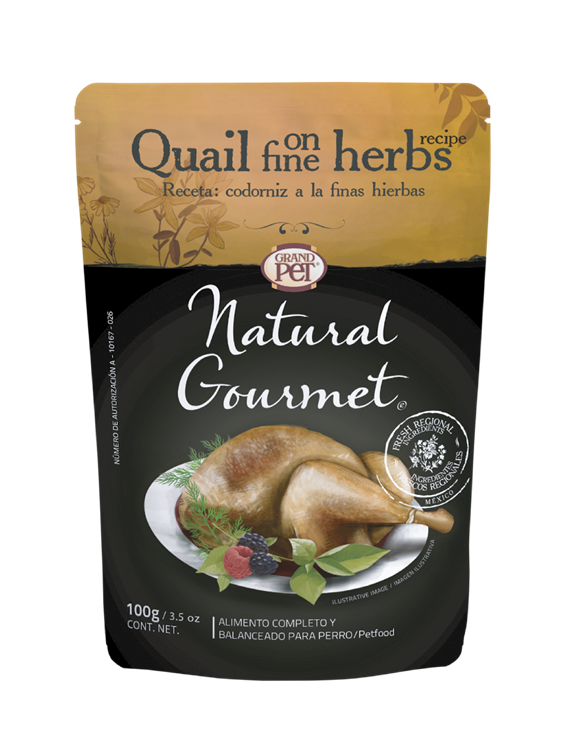 GrandPET Natural Gourmet® Sobre 100 Gr Alimento Húmedo Perro Receta Codorniz a las Finas Hierbas