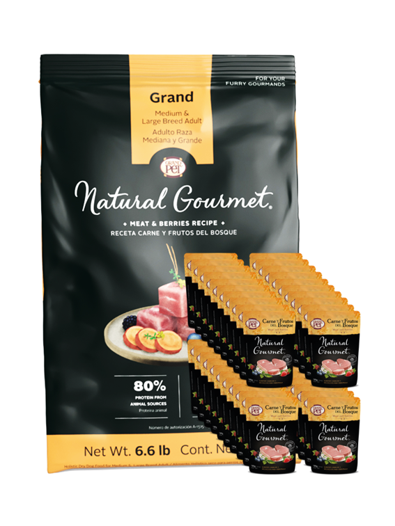 GrandPET Natural Gourmet Grand® Perro Adulto Raza Mediana y Grande 15 Kg + 40 Sobres Carne y Frutos del Bosque