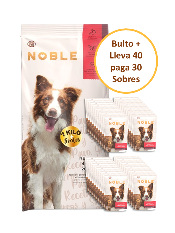 Noble Adulto Raza Mediana Grande 20 Kg + 40 Sobres Receta Res y Arroz