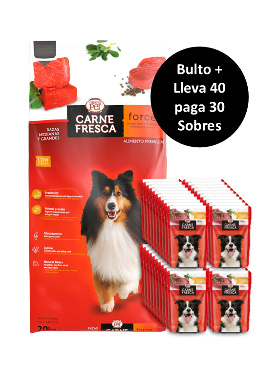 Carne Fresca Force 20 Kg + 40 Sobres Receta Ternera Cordero